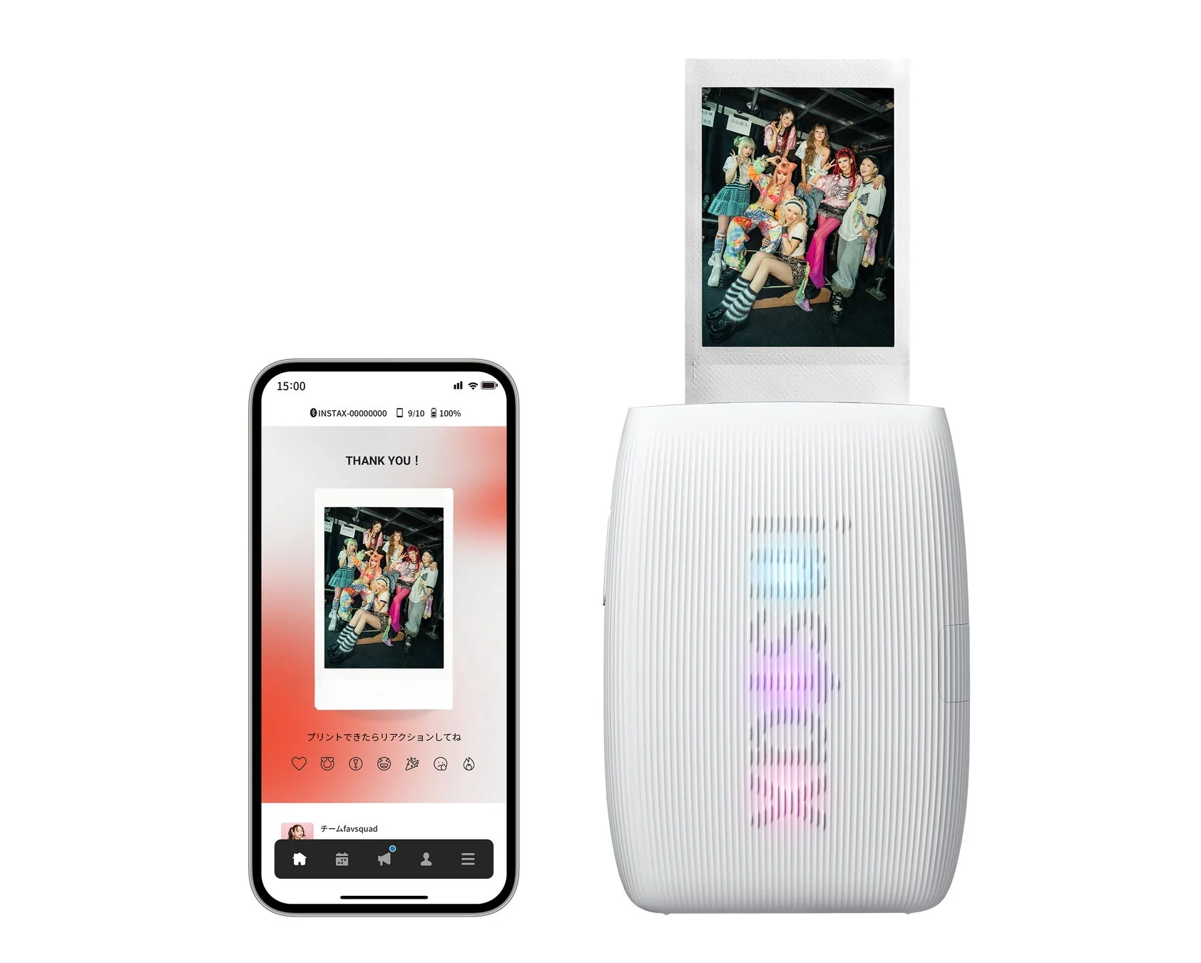 Favsquadアプリとinstaxプリンターの利用イメージ