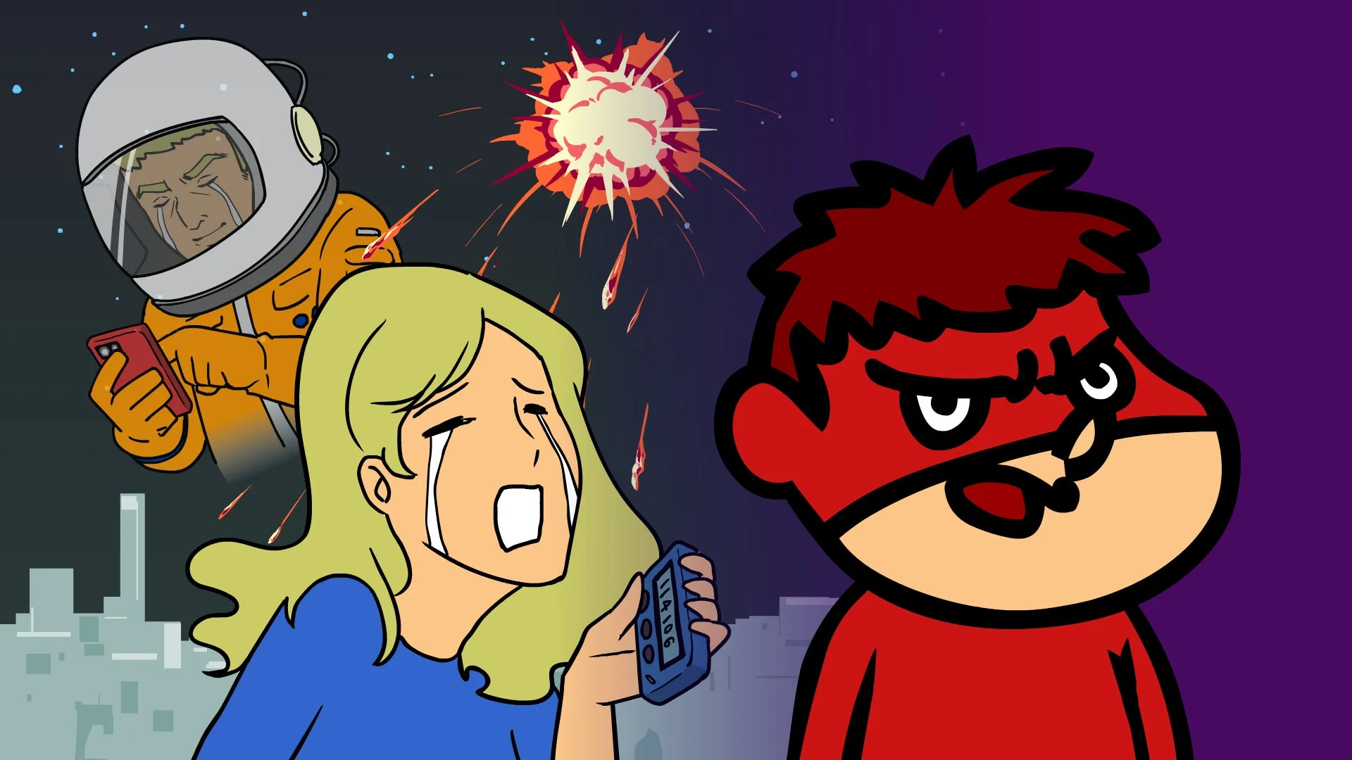 宇宙飛行士や女性、赤いマスクのキャラクター