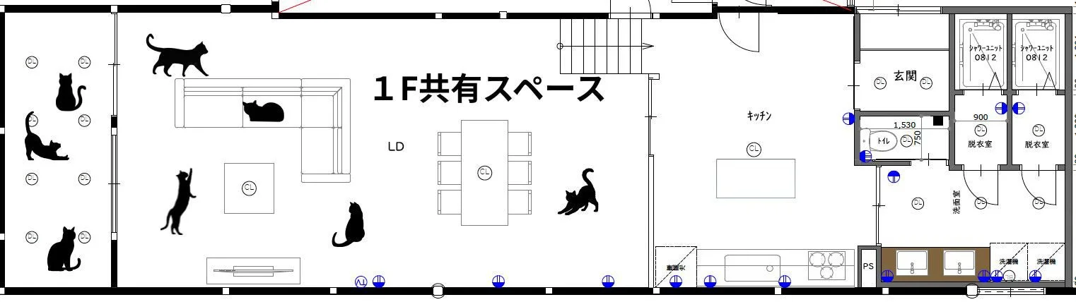 間取り図、フロアプラン、共有スペース、猫、リビングダイニング、キッチン、シェアハウス、ペット共生、1階、住宅設計、シャワーユニット、洗面室