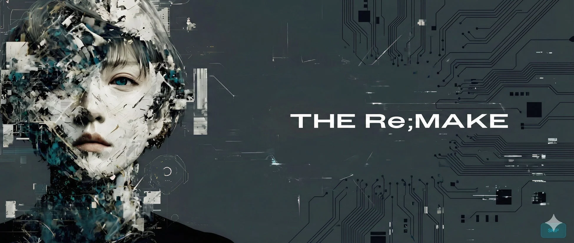 断片化された顔と回路基板が描かれたデジタルアート