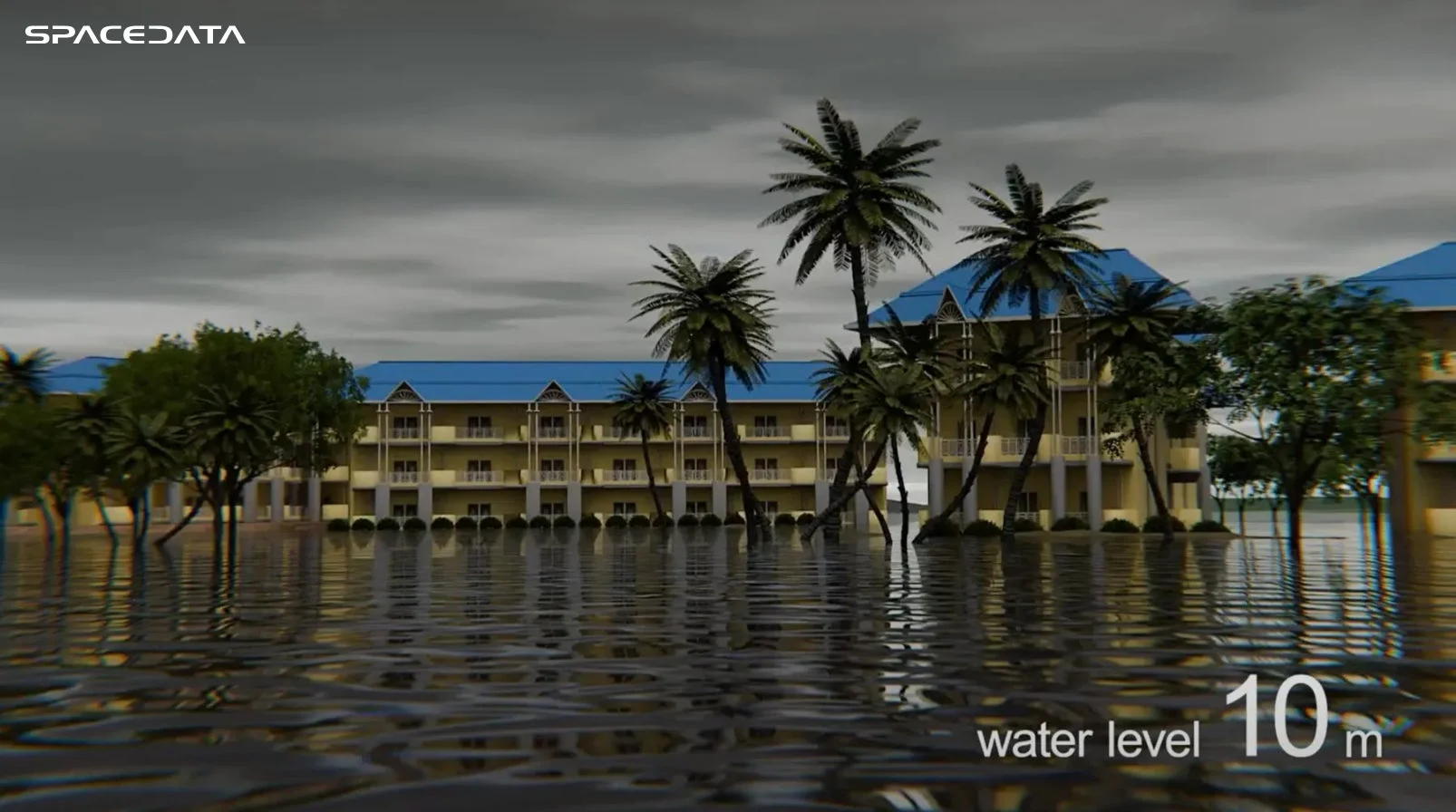 青い屋根の建物が立ち並ぶリゾート地が10メートルの水位で広範囲に浸水しているシミュレーション