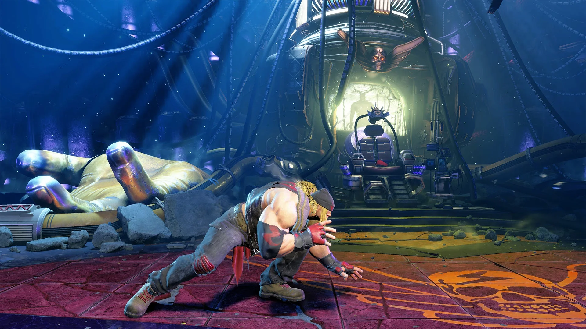 未来的な研究施設のような場所で、たくましい男性キャラクターが戦闘態勢で身を低く構えている。背景には巨大な手のオブジェや複雑な機械、床にはドクロのマークが描かれており、緊迫した雰囲気が漂っている。