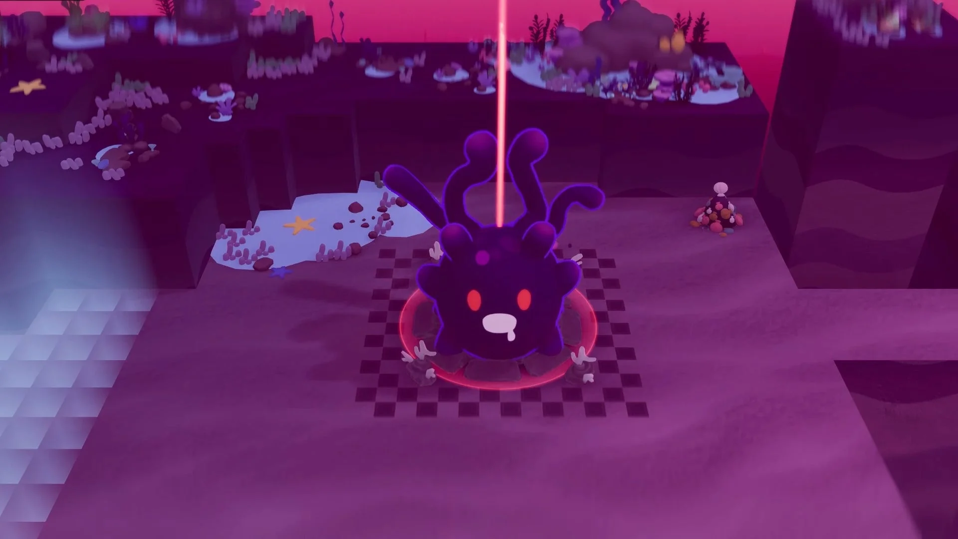 紫色の奇妙な生物が赤いレーザーを発射している、幻想的なゲーム画面のような画像です。紫と赤を基調とした独特な色彩で、異世界の風景が描かれています。