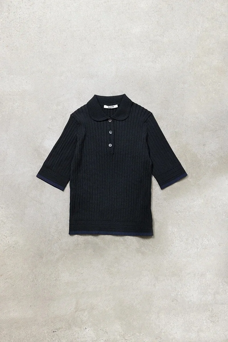 ポロシャツ、ニット、半袖、ブラック、リブ、カジュアル、シンプル、スローン、トップス、ネイビー