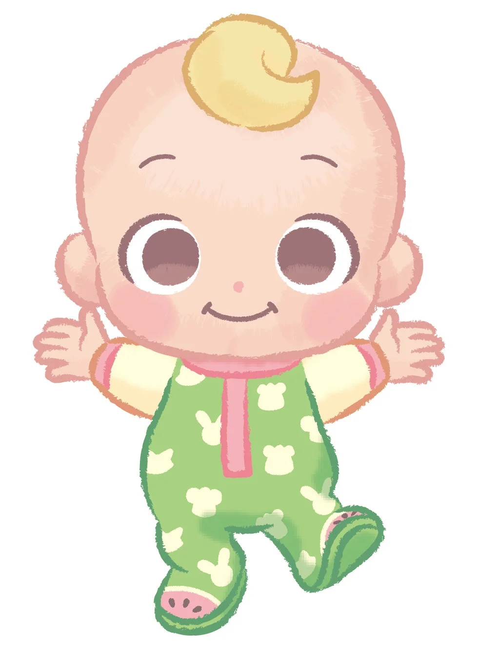 緑色の服を着て両腕を広げた、笑顔の可愛らしい赤ちゃんキャラクターのイラストです。