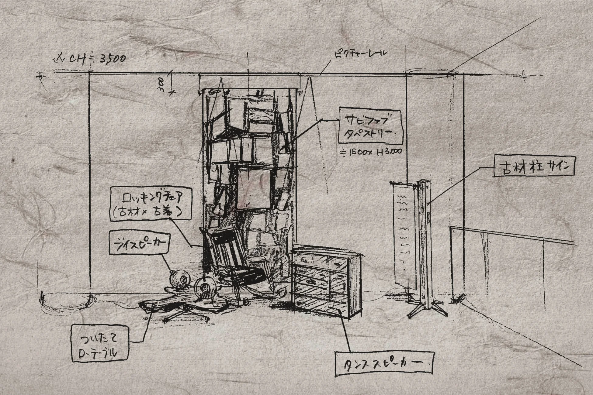 手書きのインテリアレイアウト図。