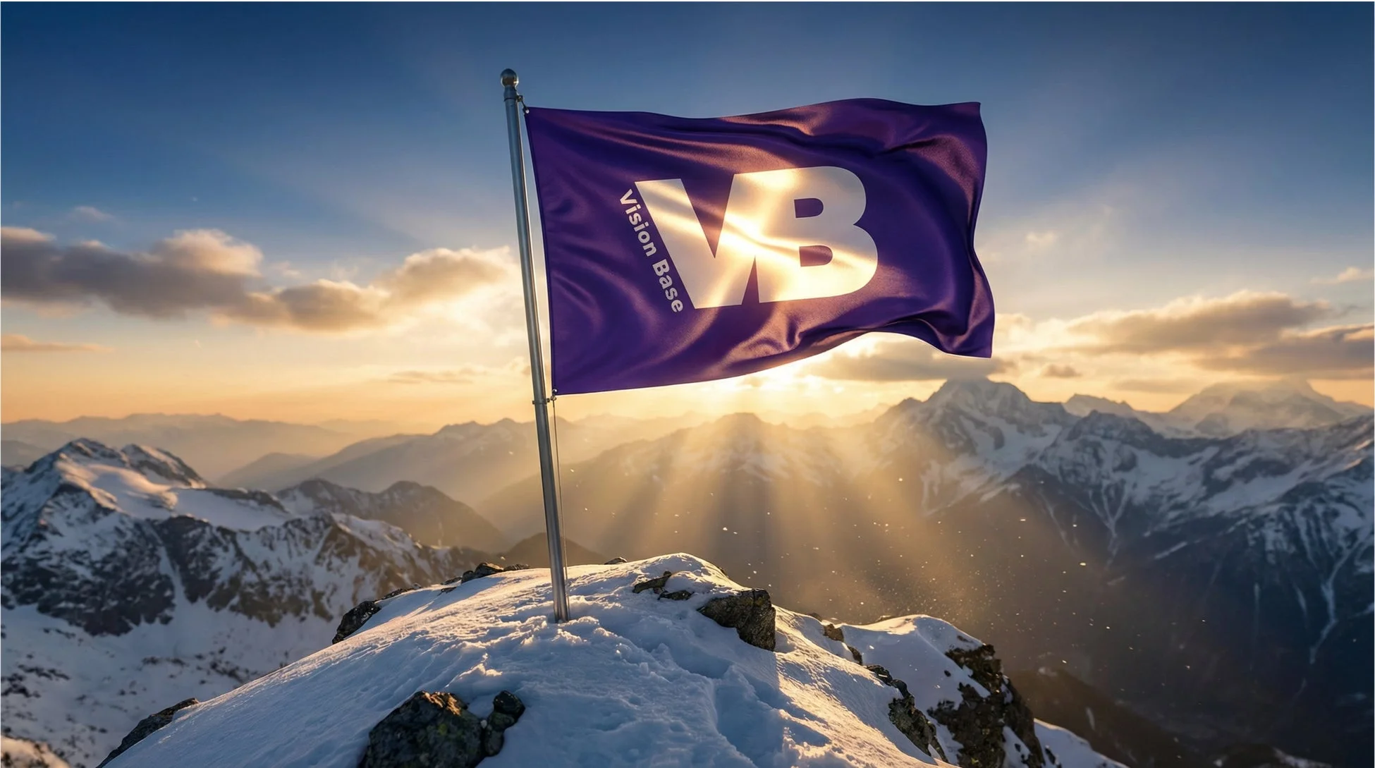 雪に覆われた山頂に紫色で「VB Vision Base」と書かれた旗が立っており、夕焼けまたは朝日が山々を照らし、光芒が広がる壮大な風景です。