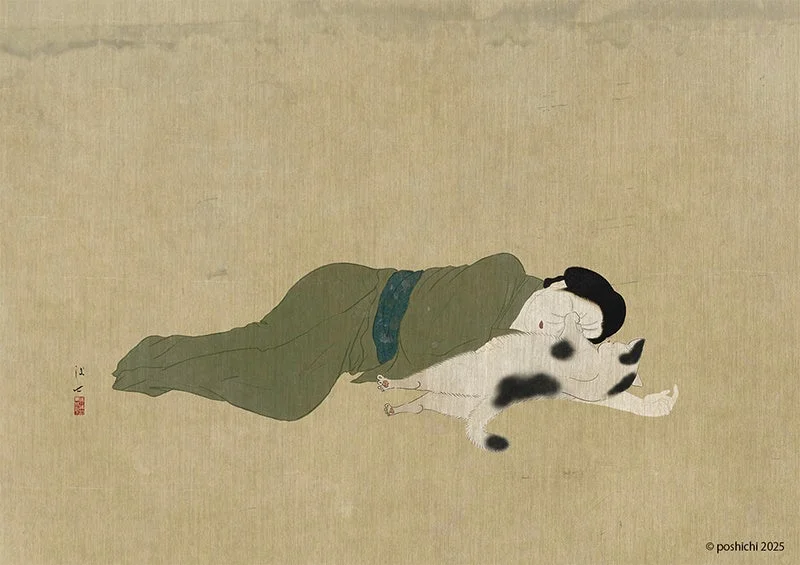 人物と猫が眠る浮世絵風イラスト