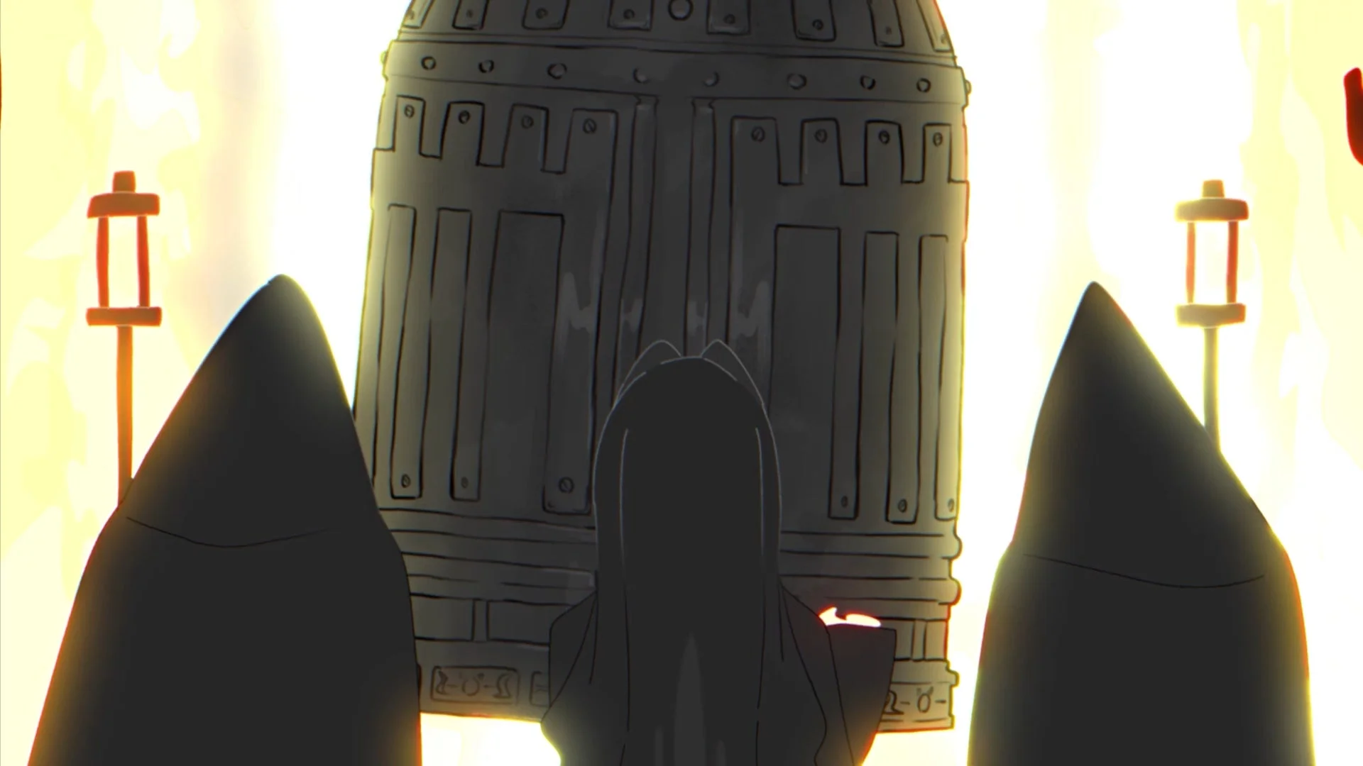 巨大な鐘の前に立つ黒いローブの人物を描いた神秘的なイラスト