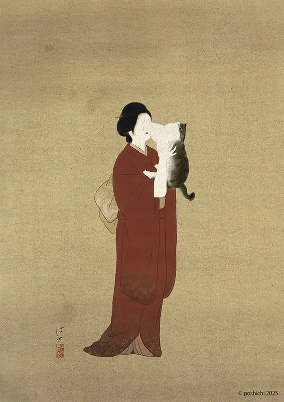 女性と猫の日本画風イラスト