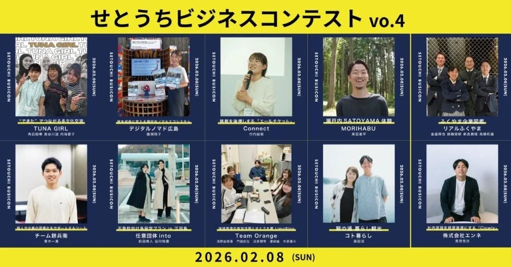 せとうちビジネスコンテストの出場者とビジネスプランを紹介するパネル