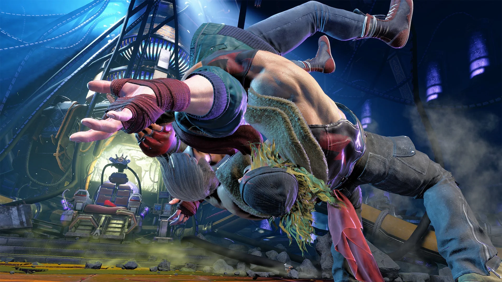 激しい格闘アクションを繰り広げる2人の男性キャラクターが描かれた3Dゲームのスクリーンショット。一人が宙に舞い、ダイナミックな動きを見せている。