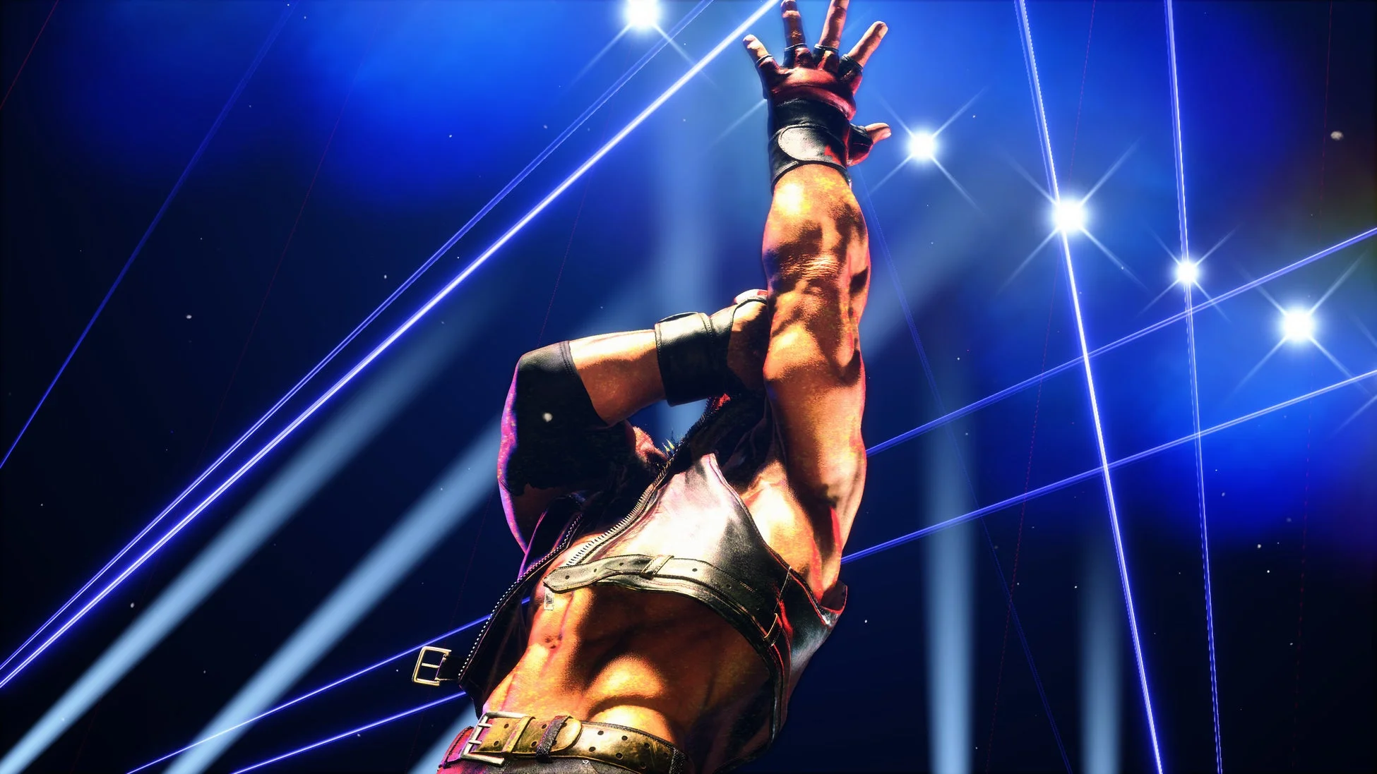 ステージライトが輝く中、筋肉質な男性が力強く腕を伸ばしている様子を捉えた画像です。ドラマチックな照明が男性の肉体美を際立たせ、ライブパフォーマンスのような迫力ある雰囲気を伝えています。