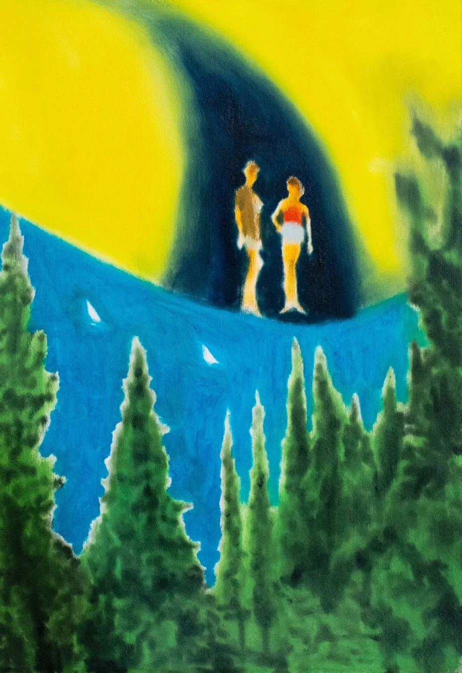 鮮やかな色彩で描かれたシュールレアリスム風の絵画