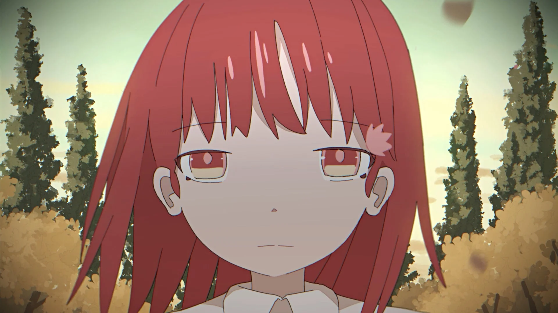 赤い髪の少女が正面を見つめているアニメスタイルのイラスト