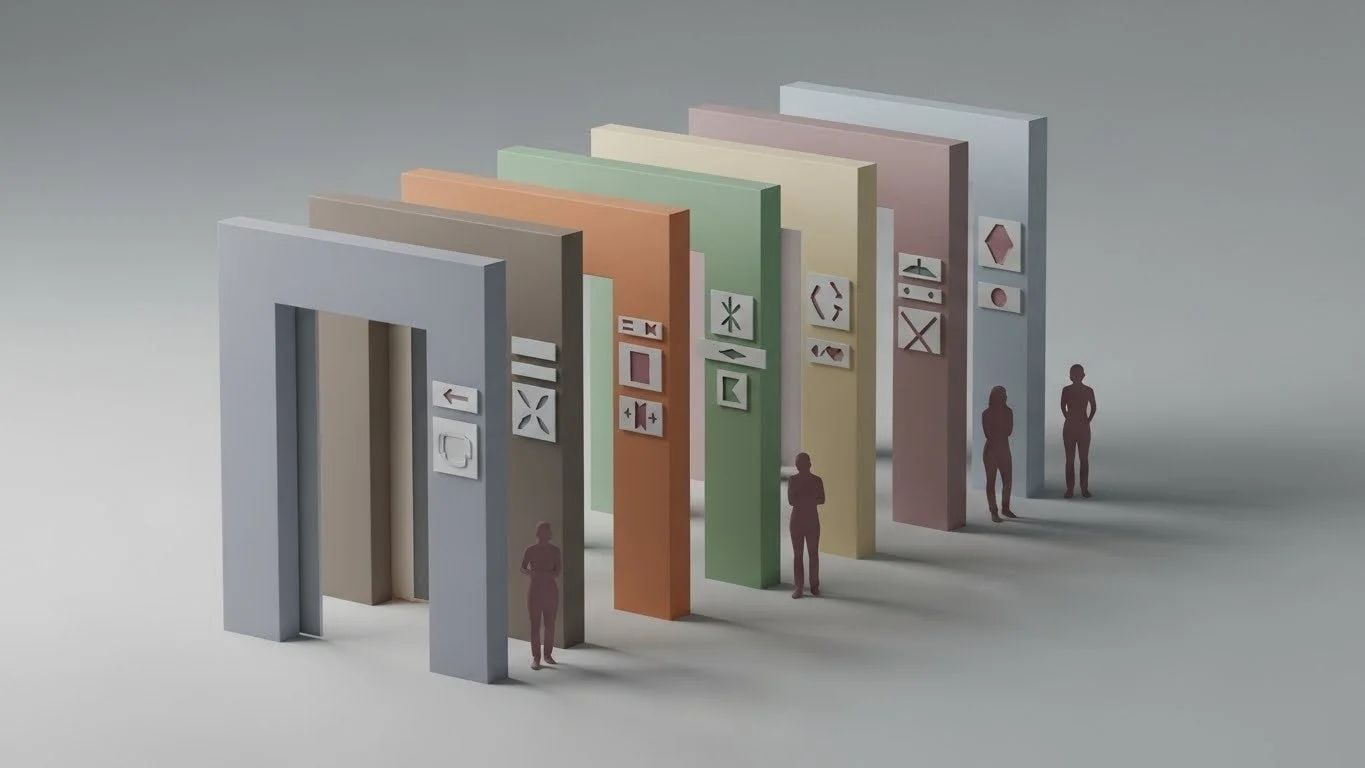 複数のカラフルな門状の構造物が並び、それぞれに抽象的な記号が描かれています