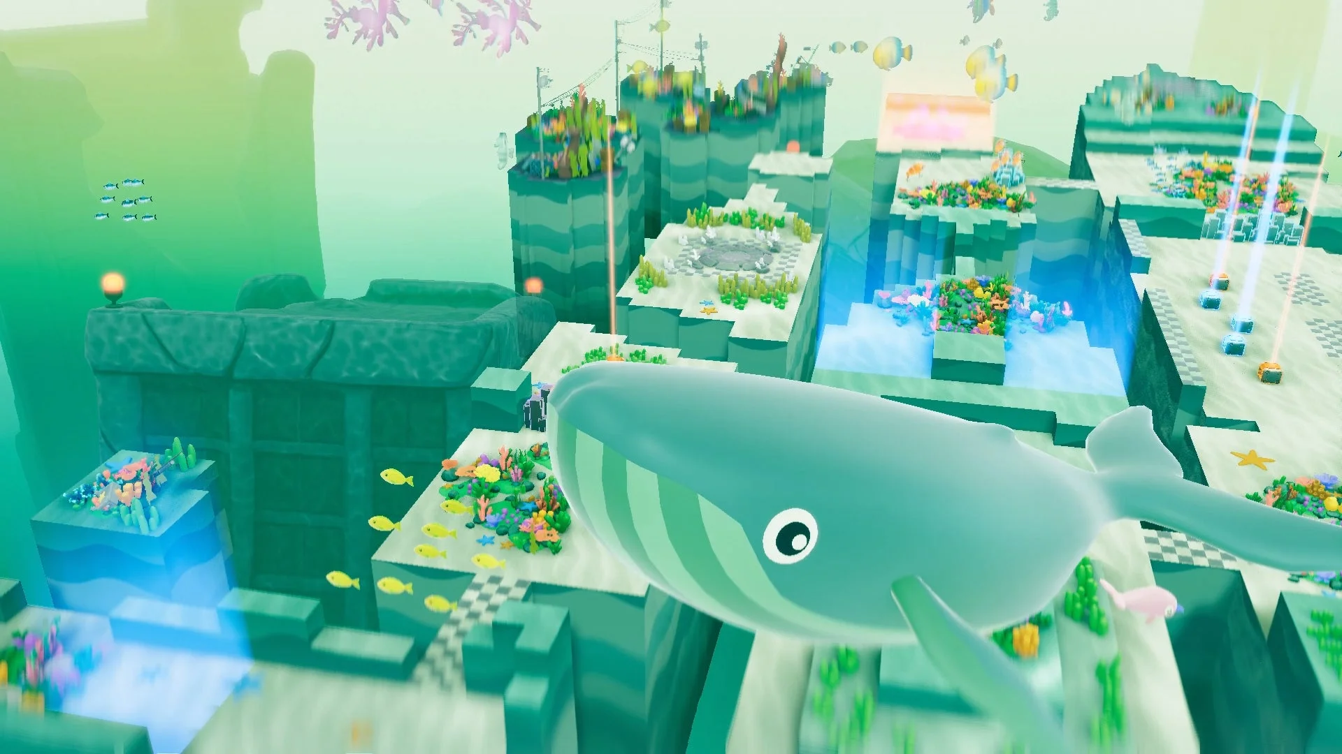 水中,クジラ,ゲーム,ファンタジー,サンゴ礁,魚,カラフル,ブロック,デジタルアート,海洋,仮想世界