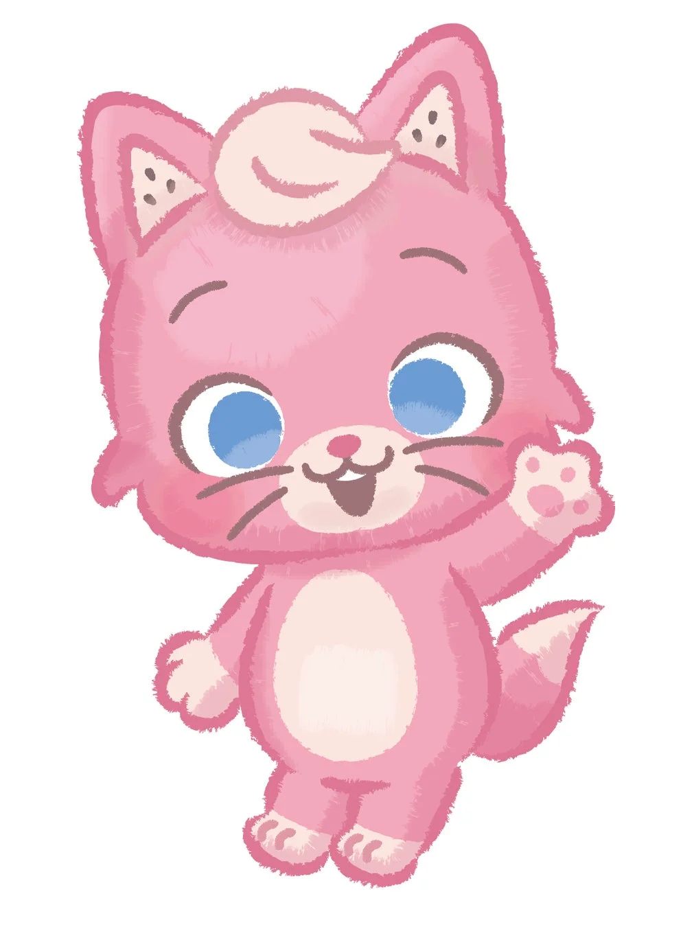 笑顔で手を振るピンク色の可愛らしい猫のキャラクターイラストです。