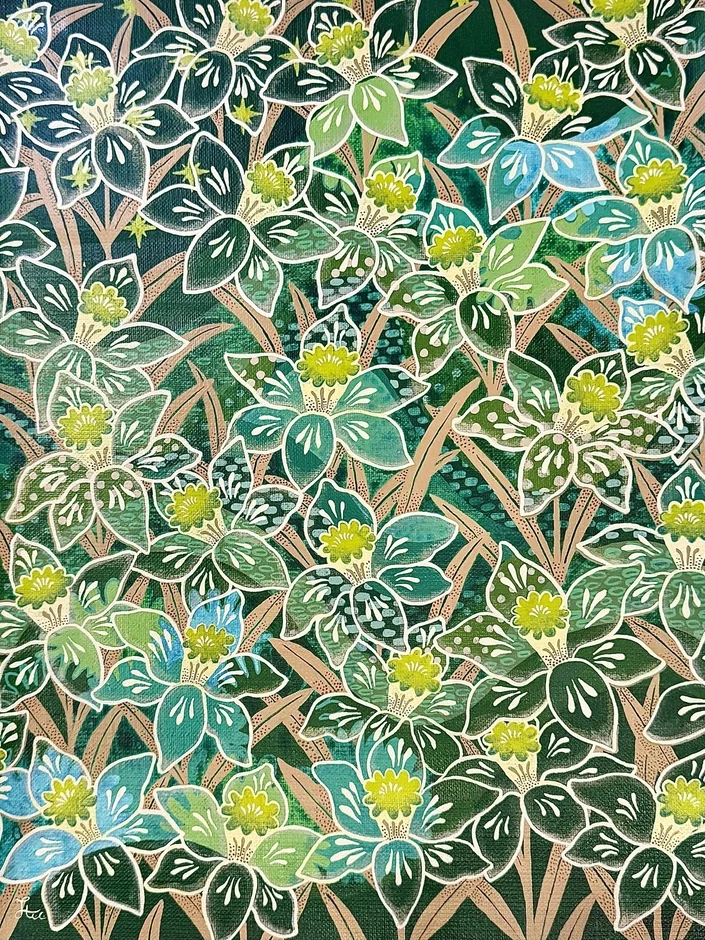 花,植物,パターン,緑,青緑,黄色,絵画,アート,装飾,アールヌーボー風,水仙,自然,テキスタイル
