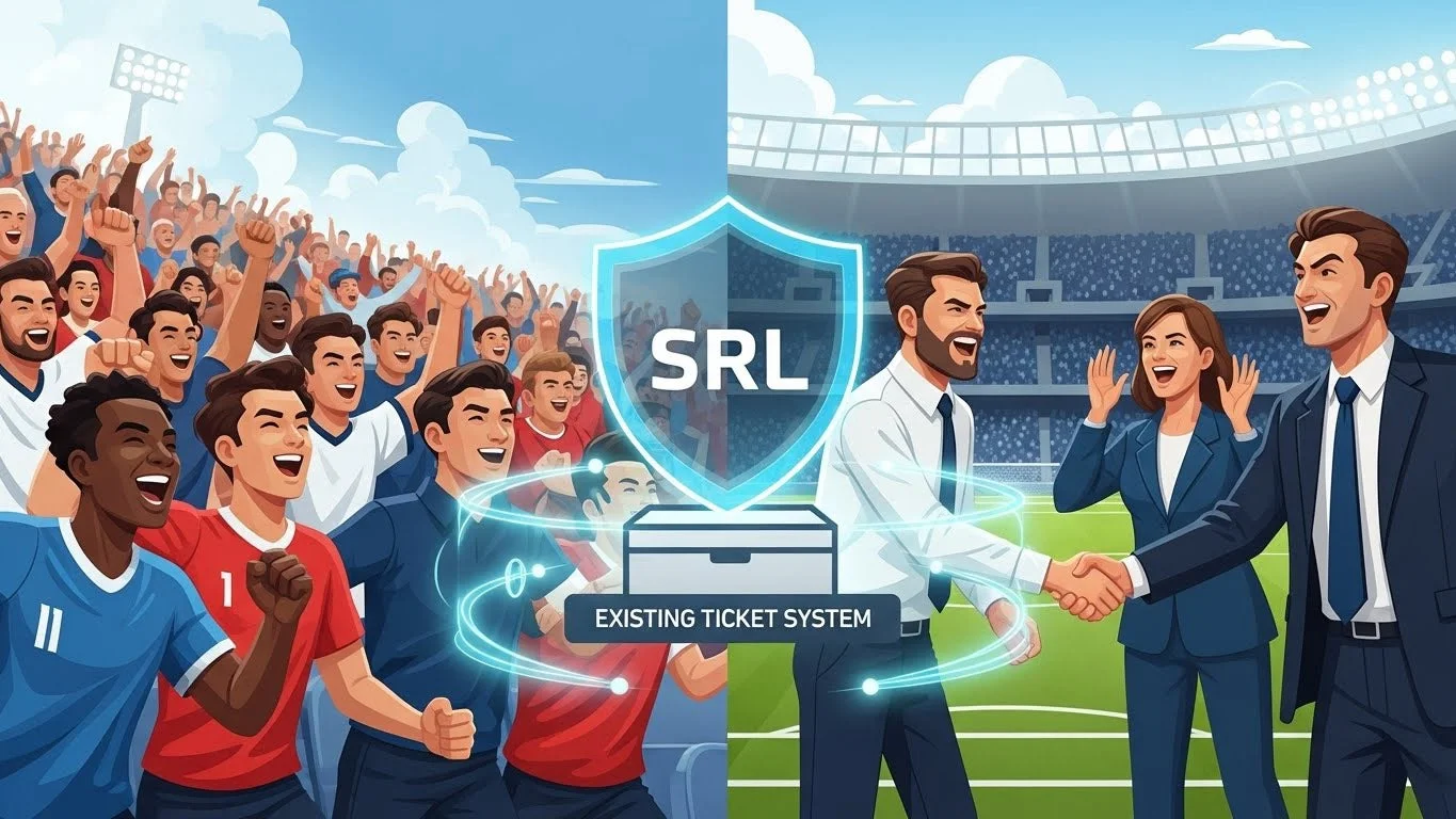 スポーツイベントの熱狂的な観客とビジネス関係者が描かれた画像