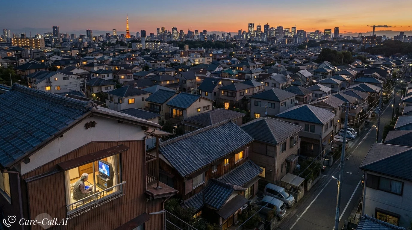 夕暮れの住宅街の風景と家でテレビを観る高齢者