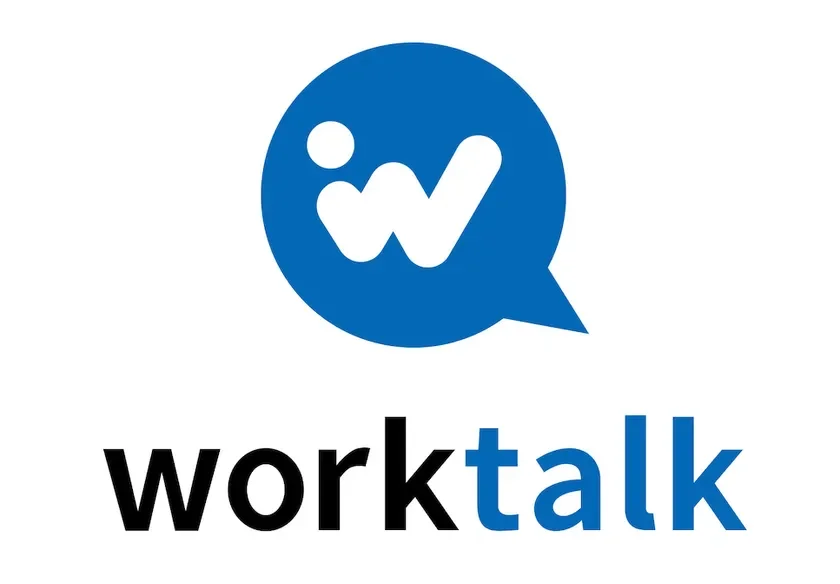 青い吹き出しの中に白い「w」と点がデザインされたロゴと、「worktalk」という文字が組み合わされています。