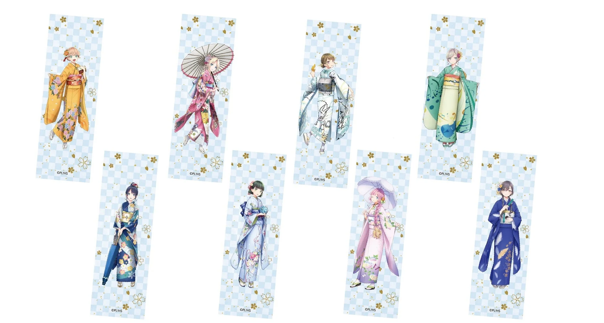 複数のアニメ風の少女たちが、色とりどりの着物を身につけているイラスト