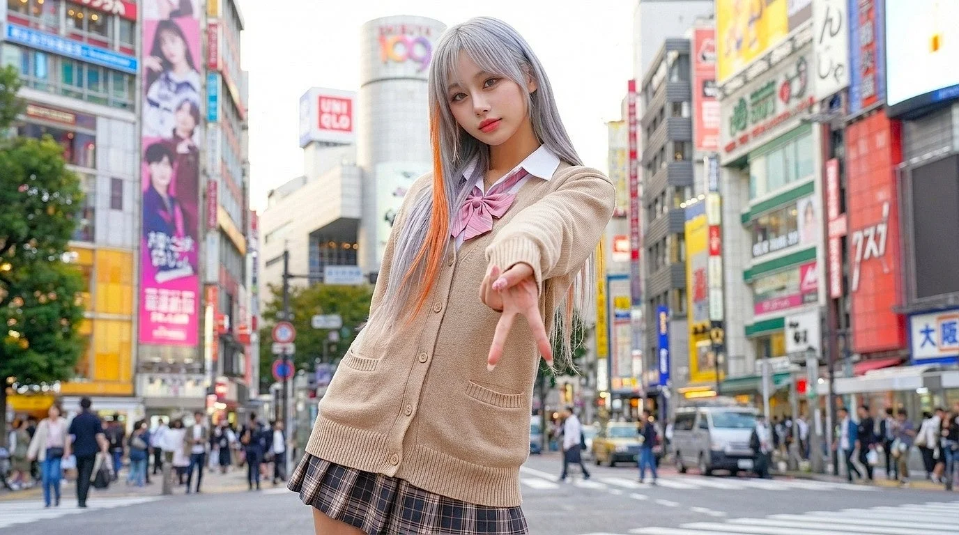 渋谷の街並みと制服風ファッションの女性