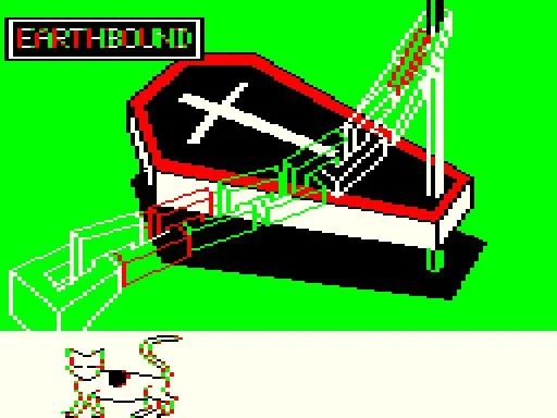 EARTHBOUNDロゴと棺桶、猫