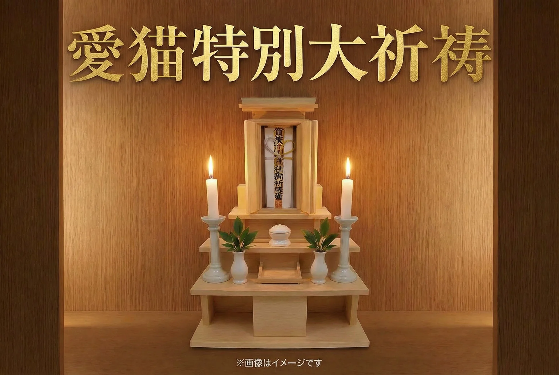 「愛猫特別大祈祷」の文字と木製の祭壇が特徴的な画像です。祭壇には小さな神棚、灯されたろうそく、緑の葉が飾られ、厳かな雰囲気を醸し出しています。ペットの供養や祈願を思わせるシーンです。