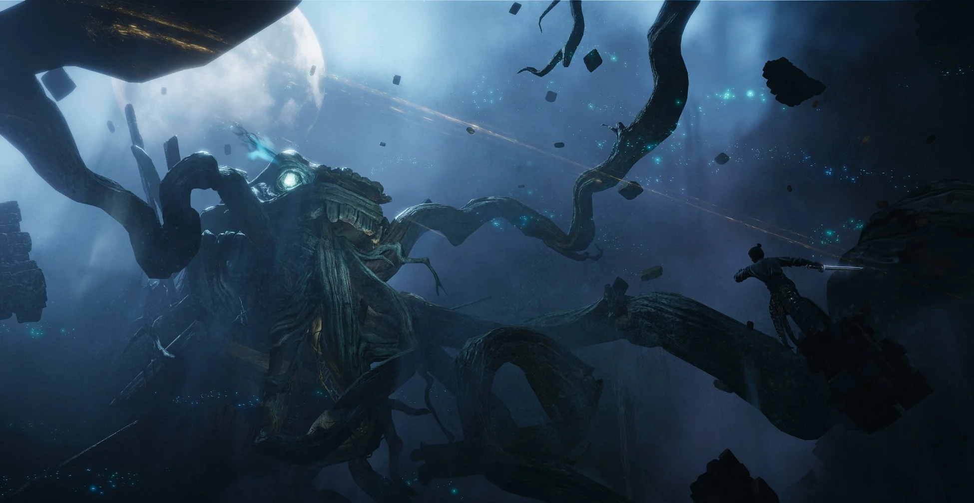 月が浮かぶ暗く幻想的な空間で、巨大な樹木のような怪物と剣士が対峙している。浮遊する岩や輝く粒子が漂う、壮大で神秘的なダークファンタジーの世界を描いた一枚。