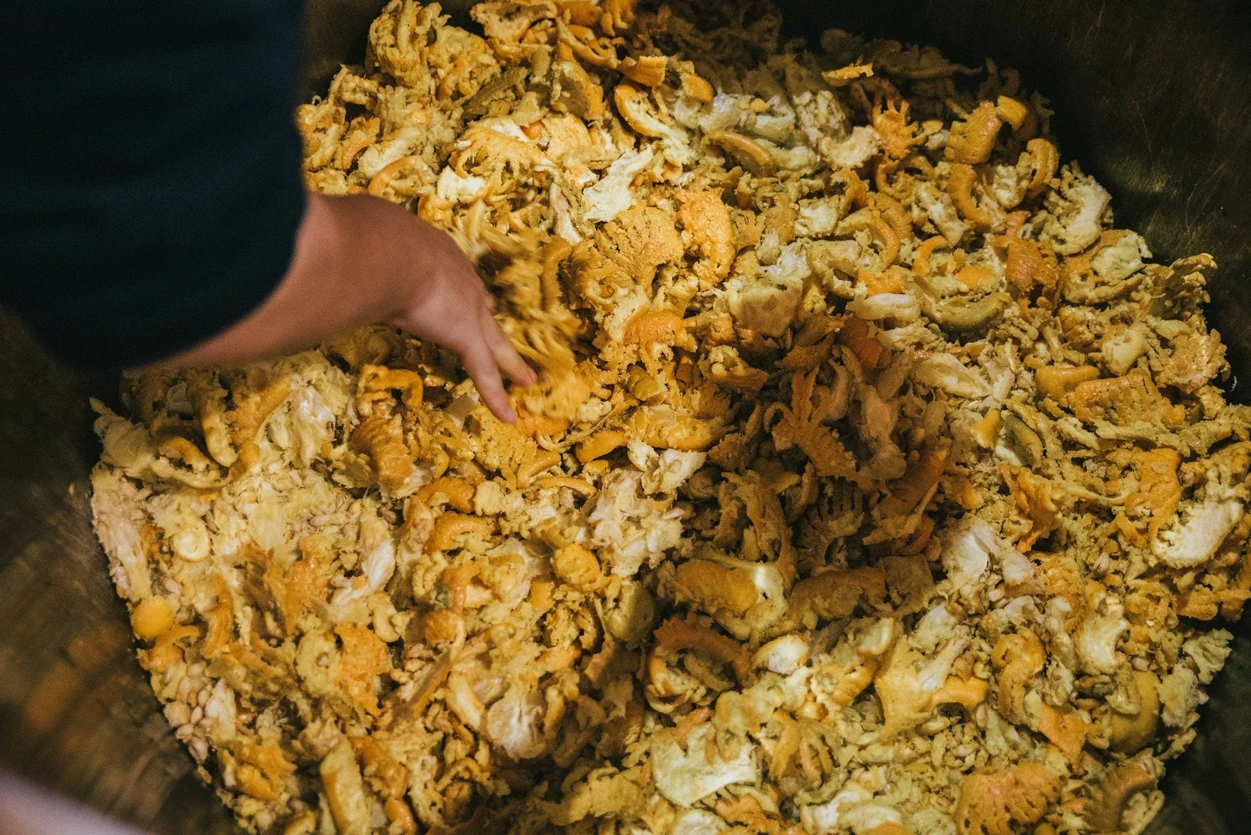 大量の柑橘類の果皮を混ぜる手作業