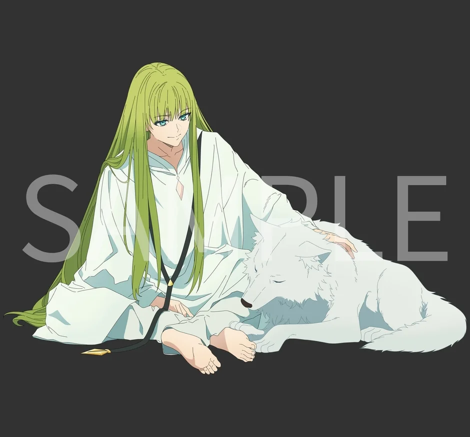 白いオオカミを撫でる緑髪のキャラクター