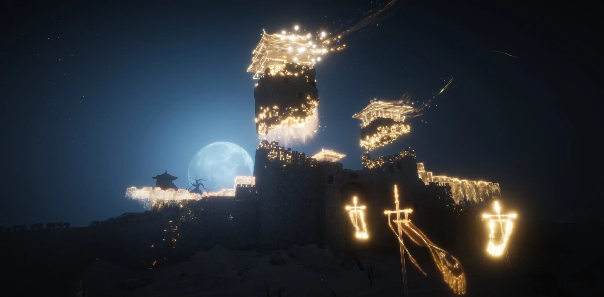 満月の夜、古代の城壁と塔が神秘的な金色の光を放ち、幻想的な雰囲気を醸し出しています。光の粒子が舞い上がり、荘厳で魔法のような風景を描いています。