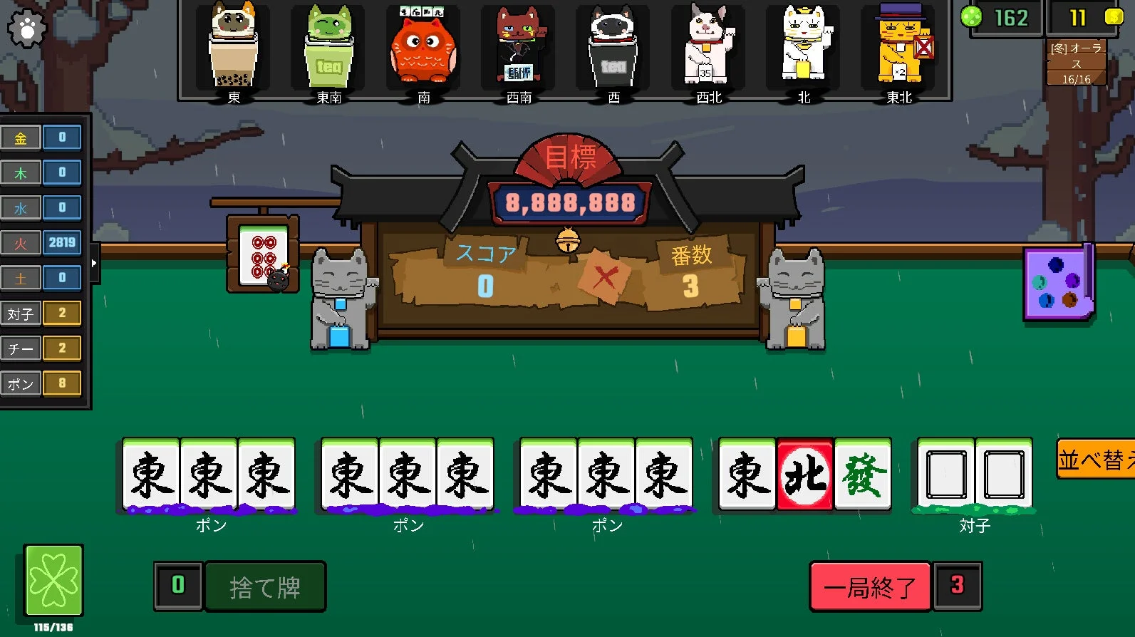 ピクセルアート風のゲーム画面で、麻雀に似たルールのゲームが進行している様子です。上部には様々な猫のキャラクターが方角と共に表示され、中央には「目標8,888,888」と現在のスコア、番数が示されています。手牌には「東」の牌が多く見られ、「ポン」や「対子」といった麻雀用語が確認できます。左側にはリソースと役のカウント、右側にはゲームの進行状況や終了ボタンがあります。