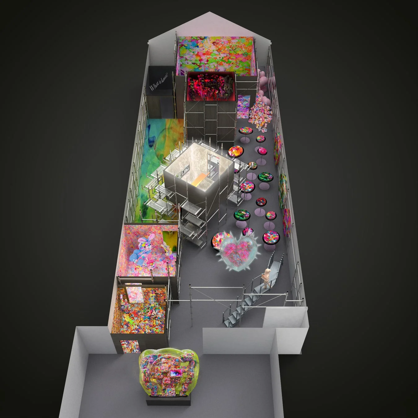 カラフルでポップなアートインスタレーションが展示された建物の内部