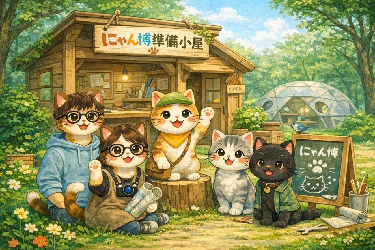 森の中に立つ「にゃん博準備小屋」の前で、5匹の可愛らしい擬人化された猫たちが集まっているイラスト