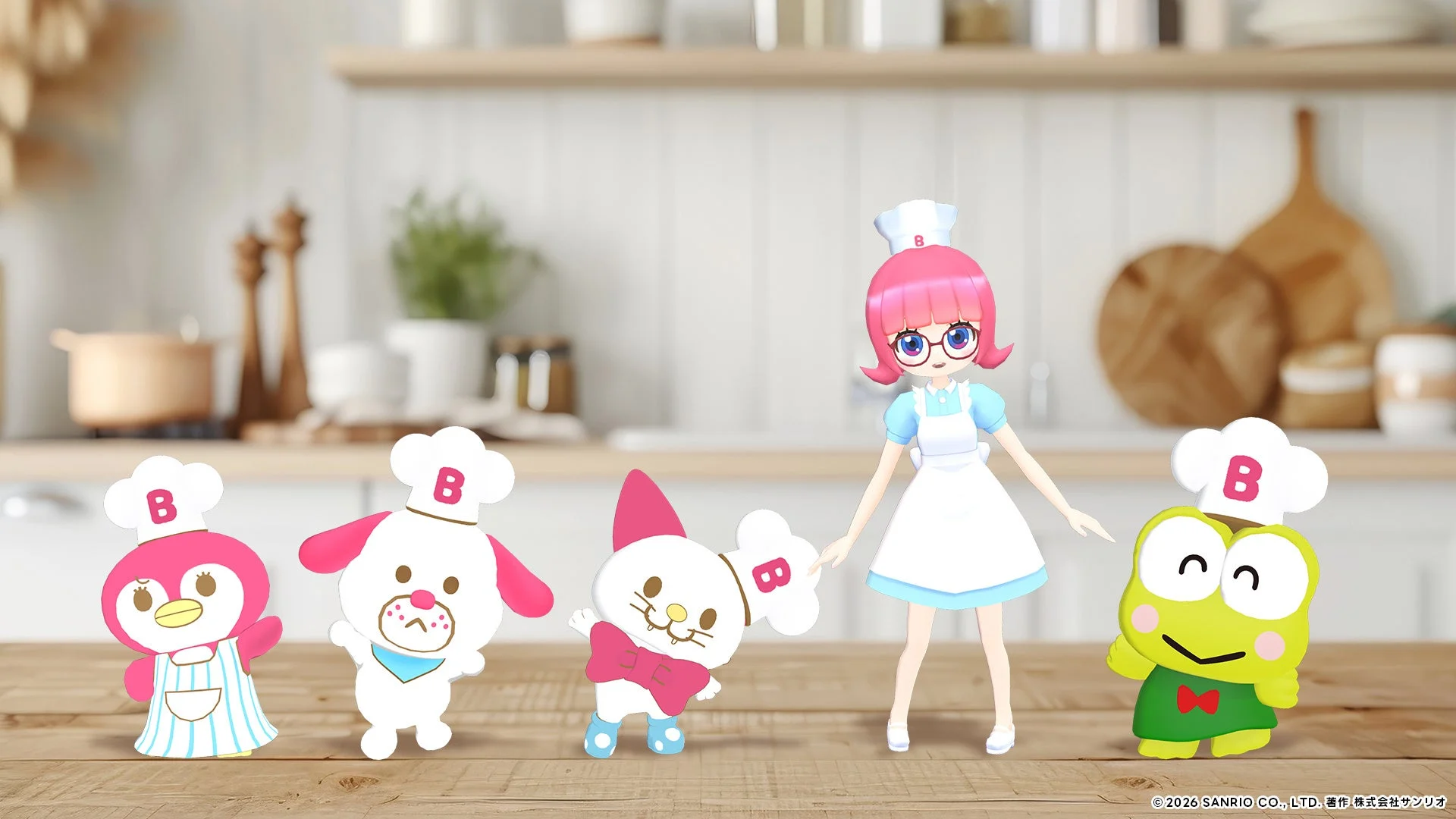 サンリオ風キャラクターと人間キャラクターがキッチンに並ぶ画像