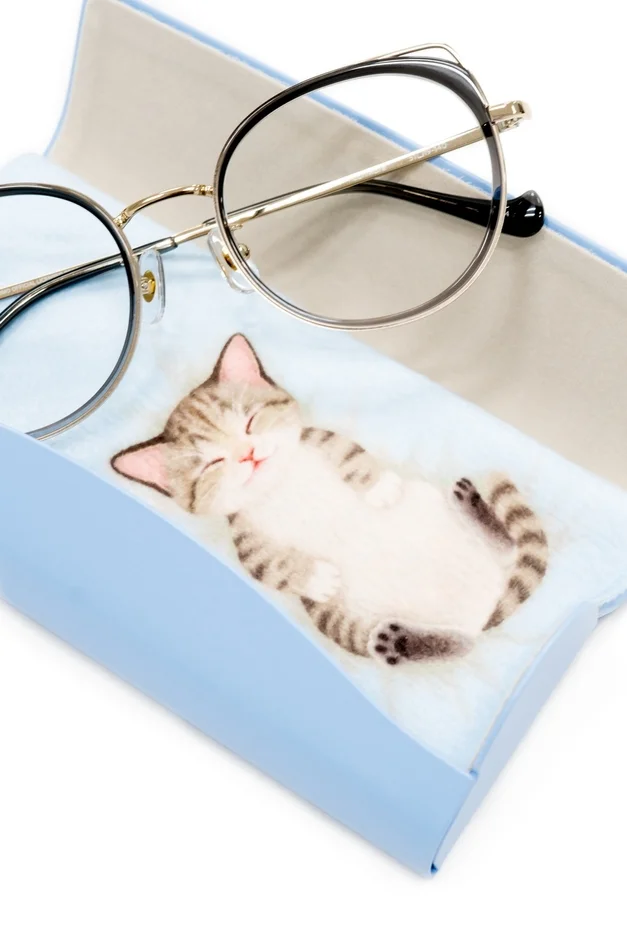 丸いフレームの眼鏡が、眠っている猫のイラストが描かれた水色の眼鏡ケースの上に置かれています。可愛らしくリラックスした雰囲気の画像です。