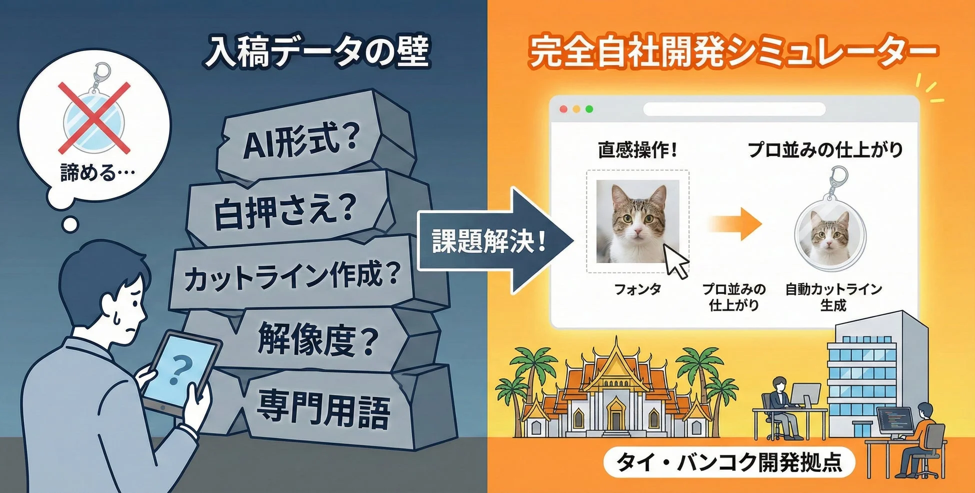 データ入稿時の複雑な課題(AI形式、カットライン作成、専門用語など)に困っているユーザーに対し、自社開発のシミュレーターが解決策を提供することを示すイラストです。直感的な操作でプロ並みの仕上がりと自動カットライン生成が可能になり、タイ・バンコクに開発拠点があることが示されています。
