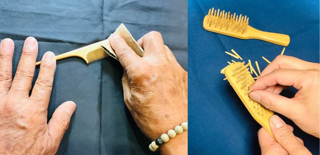 木製の櫛やブラシを手作業で加工する様子