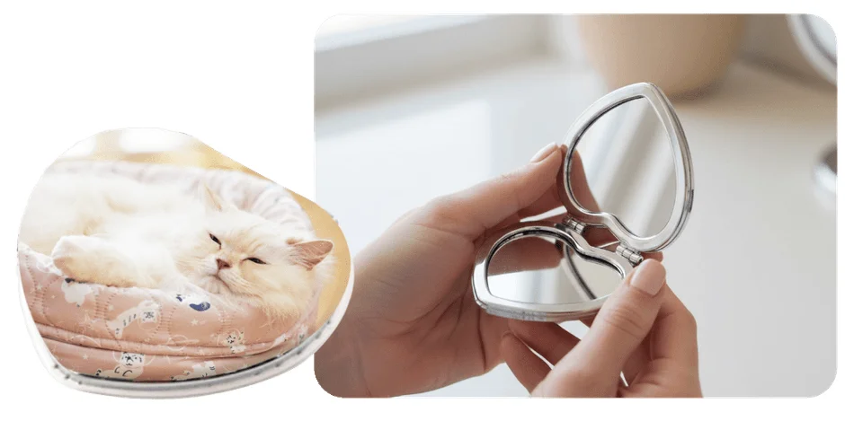 猫の寝顔とハート型ミラー