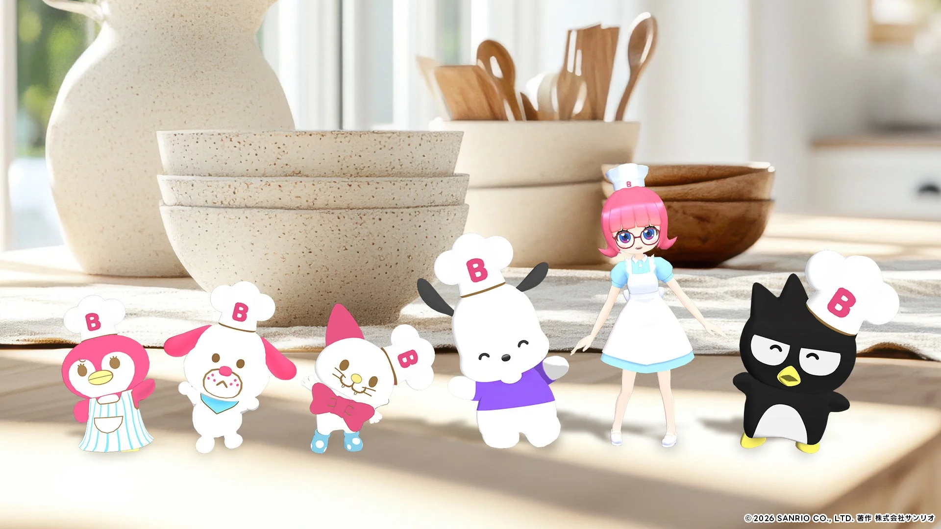 サンリオキャラクターと女の子シェフがキッチンに並ぶ画像