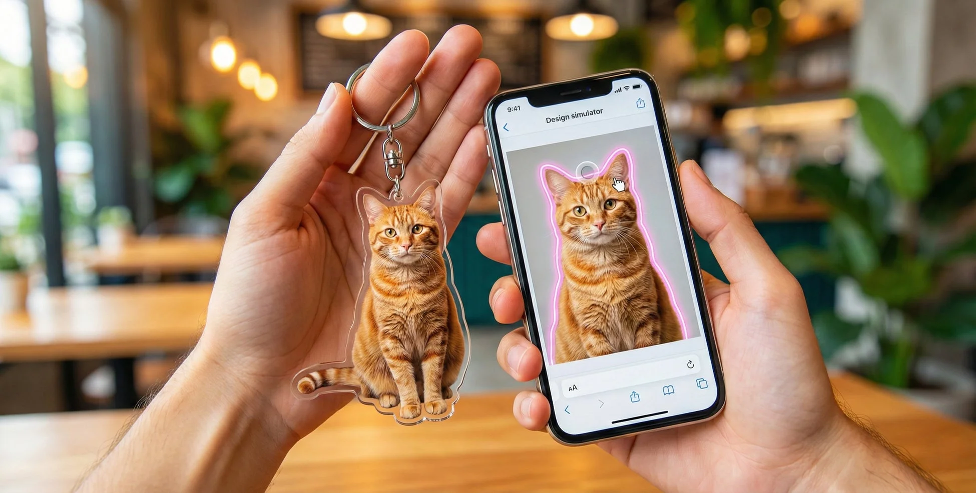 人物が片手に猫の形をしたキーホルダーを持ち、もう片方の手には同じ猫の画像がネオンで縁取られたデザインシミュレーターを表示したスマートフォンを持っている様子。