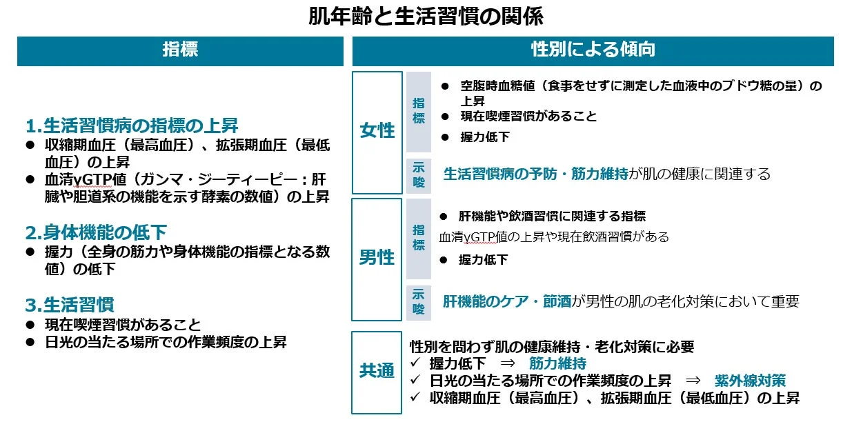 肌年齢と生活習慣の関係性を示す表