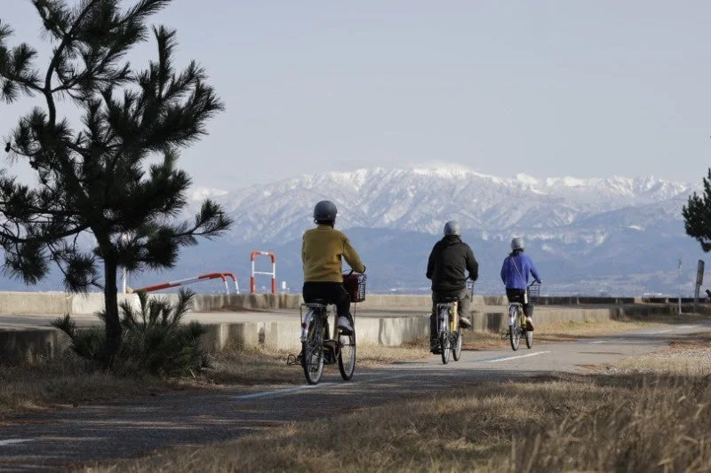 雪山を背景にサイクリングを楽しむ人々