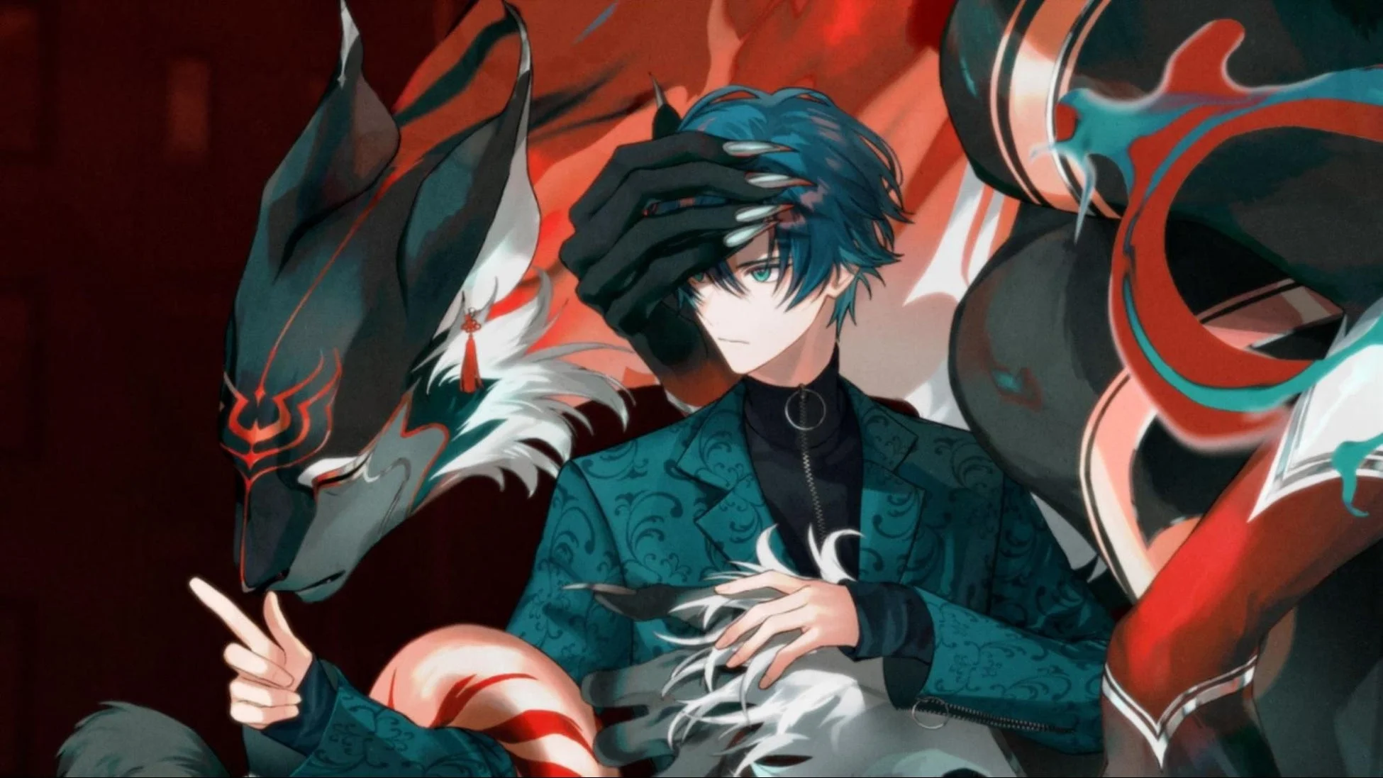 青髪の男性と獣