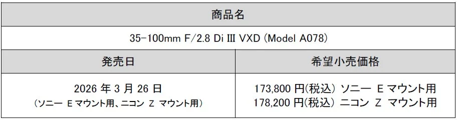 商品名 35-100mm F/2.8 Di III VXD (Model A078) 発売日 希望小売価格 2026年 3月 26日 (ソニー Eマウント用、ニコン Z マウント用) 173,800 円(税込) ソニー Eマウント用 178,200 円(税込) ニコン Z マウント用