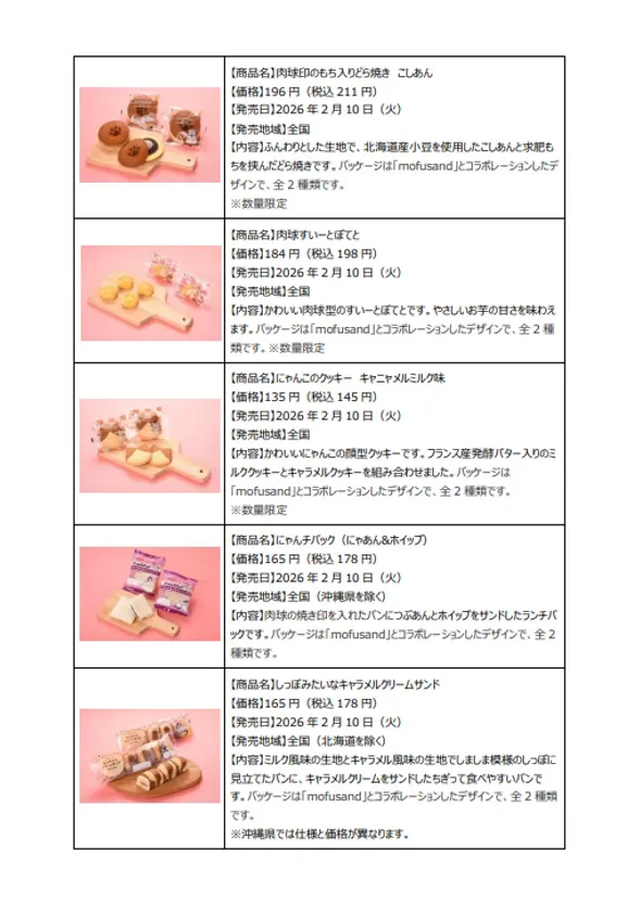 mofusand監修商品：肉球印のもち入りどら焼き、肉球すいーとぽてと、にゃんこのクッキー、にゃんチパック、しっぽみたいなキャラメルクリームサンド
