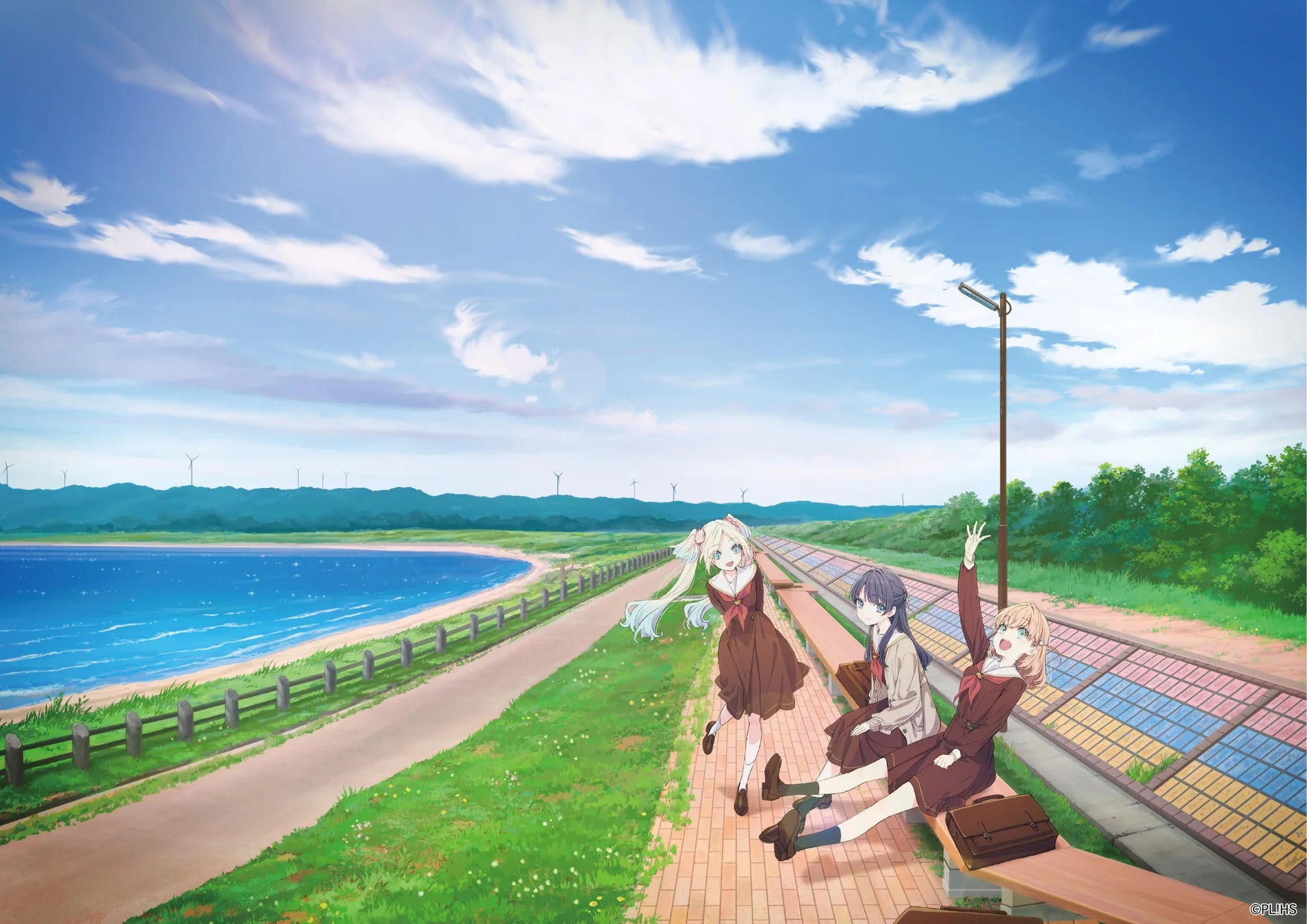 世界一長いベンチで過ごす女子学生たち